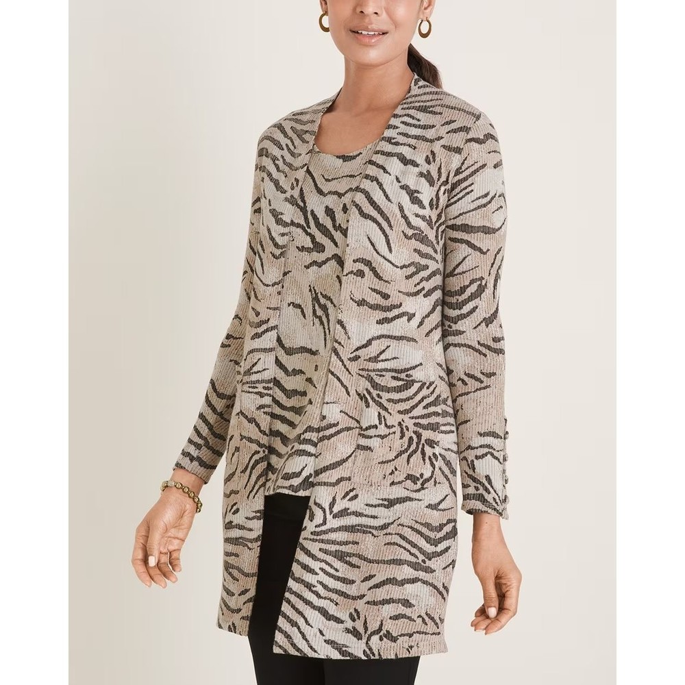 Chico's womens longline open cardigan Size 2 (L-12) tan black animal print
